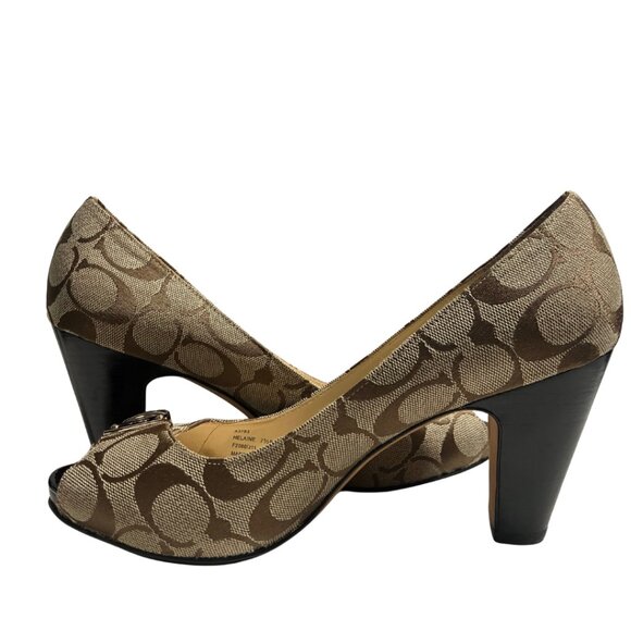 COACH Helaine Peep Toe Monogram Buckle Pumps Women’s Size 7.5M Khaki - Picture 4 of 15